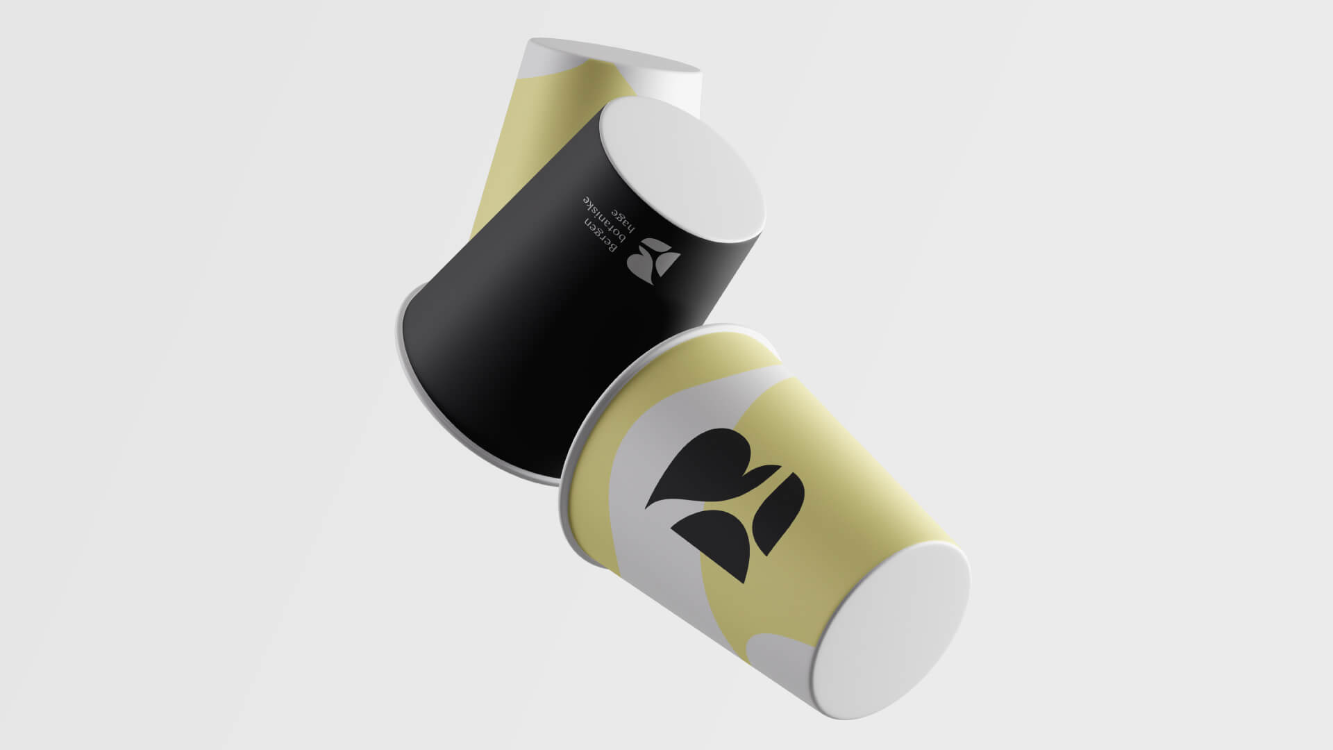 coffee cups floating in the air with branding for the bergen botanical garden